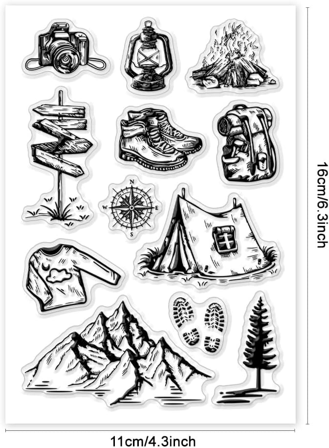 PH PandaHall Camping Gear Clear Stamps Transparent Silicone Stamp Mountain Forest Clear Stamp Tent Picnic Backpack Clear Stamp Rubber Seal Stamps for Card Making DIY Scrapbooking Photo Album Decor