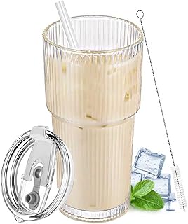 20 oz Glass Tumbler with Lid and Straw, Clear Ribbed Iced Coffee Cup, High Borosilicate Glass Tumbler, Reusable Vintage Glassware for Iced Coffee, Smoothies, Cocktails, and Juices