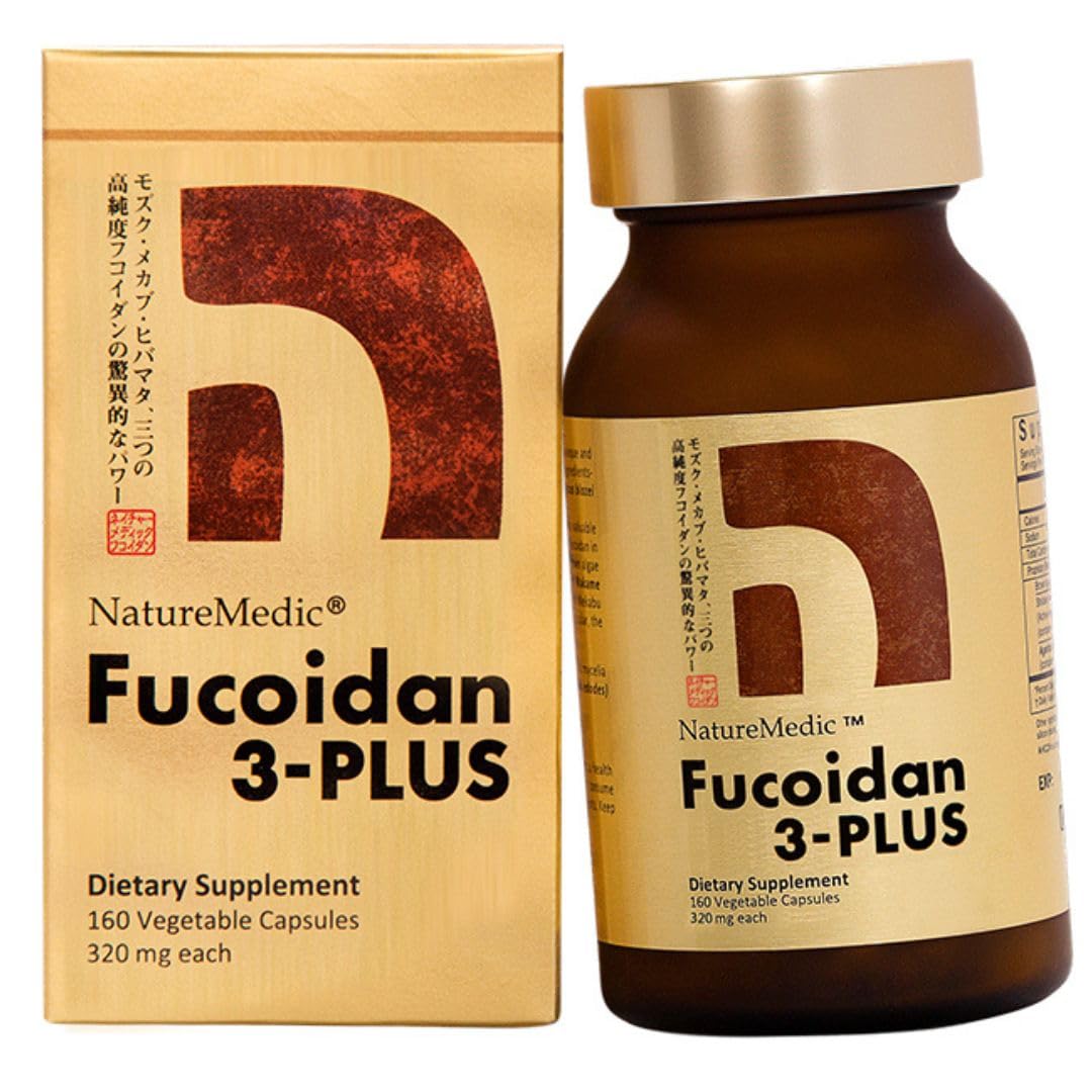NatureMedic Fucoidan 3-Plus Brown Seaweed Immunity Supplement with Three Types of High Purity Fucoidan Organic Mekabu Fucus Mozuku Agaricus 160 Vegetable Capsules Made in Japan (1 Bottle)