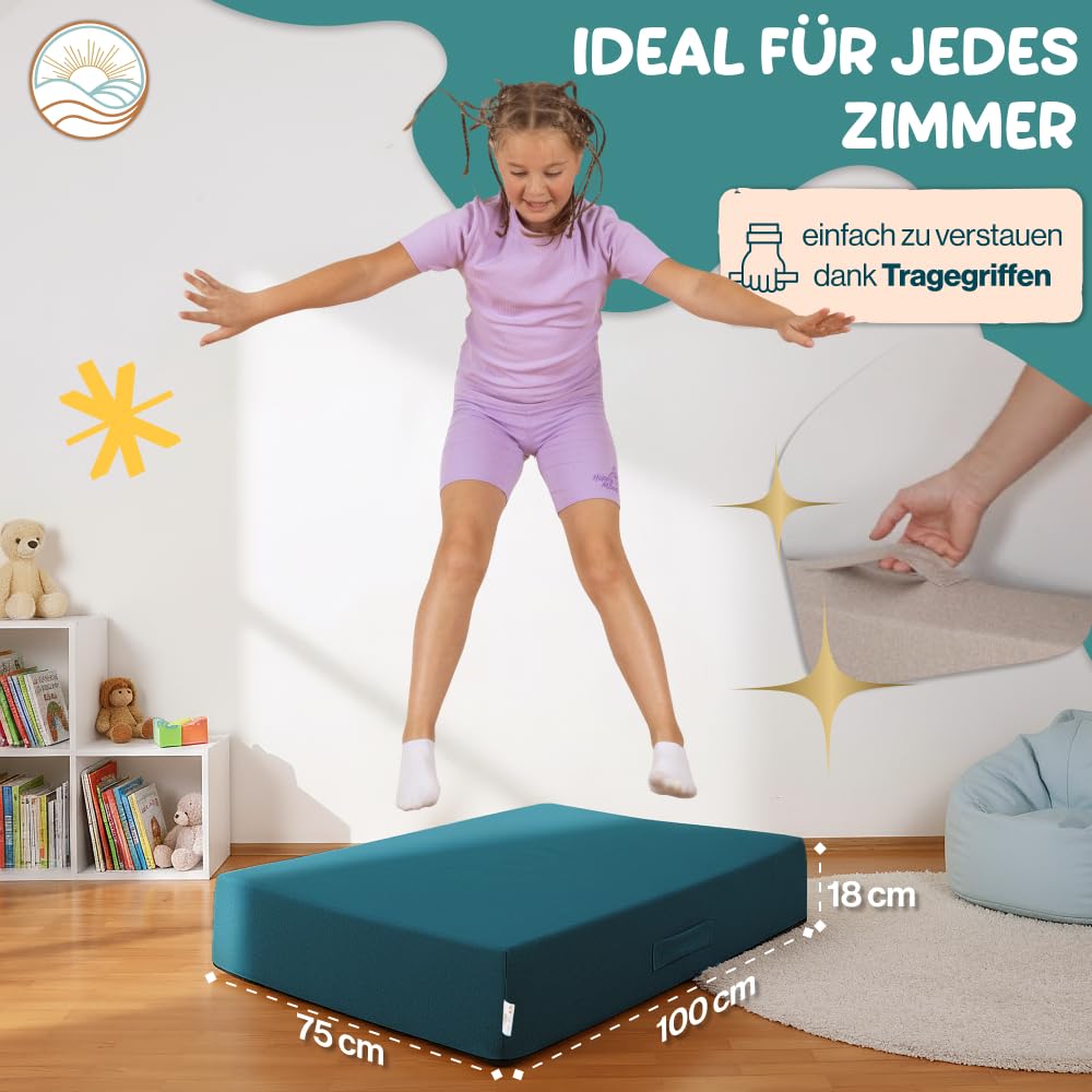 Hüpfpolster für Kinder – Sichere Hüpfmatratze & Oeko-TEX zertifiziertes Hüpfkissen | Made in EU, waschbar & Anti-Rutsch | Freude für Kinder & Entspannung für Eltern - 100x75x18 cm (Petrol)