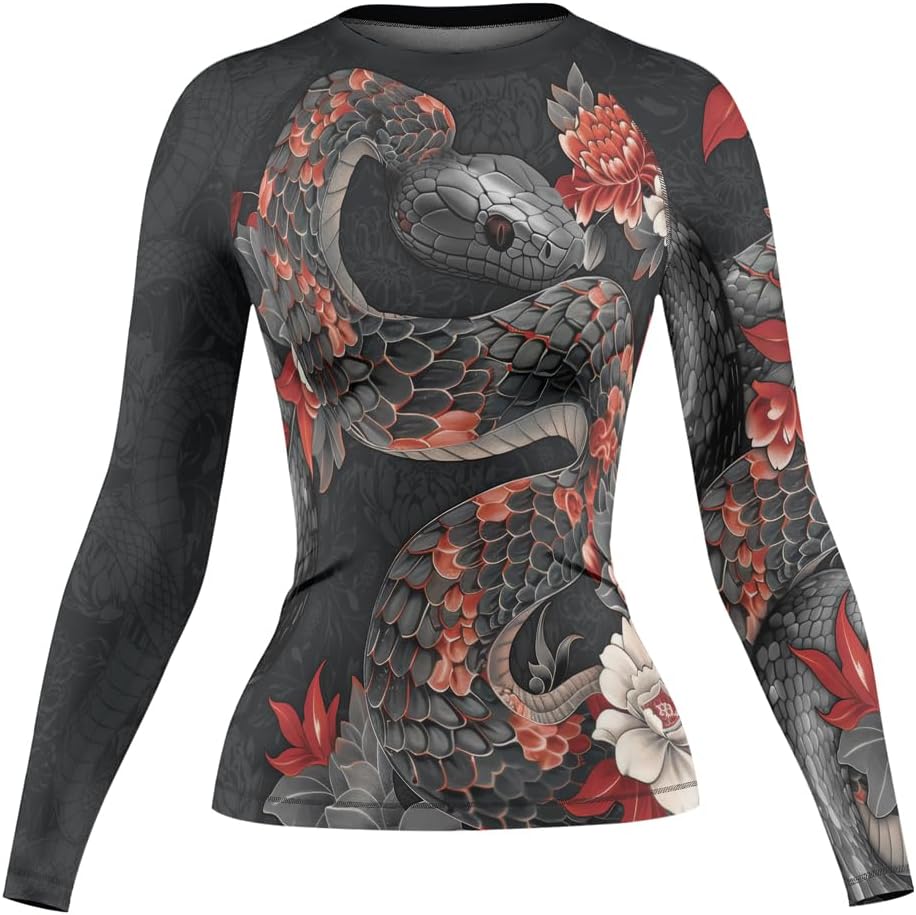 FORMONIES Snake Print Rash Guard for Women – Compression Top for BJJ MMA No-Gi Jiu Jitsu & Fitness