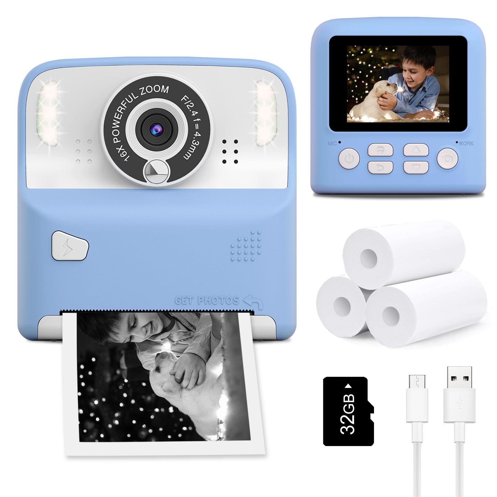 Instant Print Camera for Kids, Christmas Birthday Gifts for Age 3-12, 2.4 Inch Screen Children Selfie Digital Camera, Toddlers Portable Travel Toys