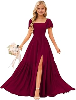 Short Sleeves Junior Bridesmaid Dresses Chiffon Flower Girls Dress for Wedding A Line Girls Pageant Gown