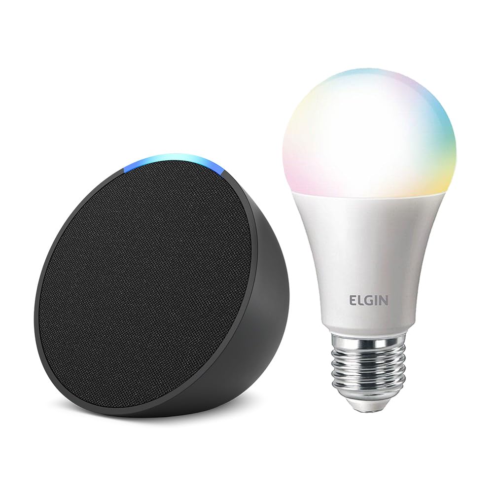 Apresentamos Echo Pop | Smart speaker compacto com som envolvente e Alexa | Cor Preta+ Lâmpada Elgin