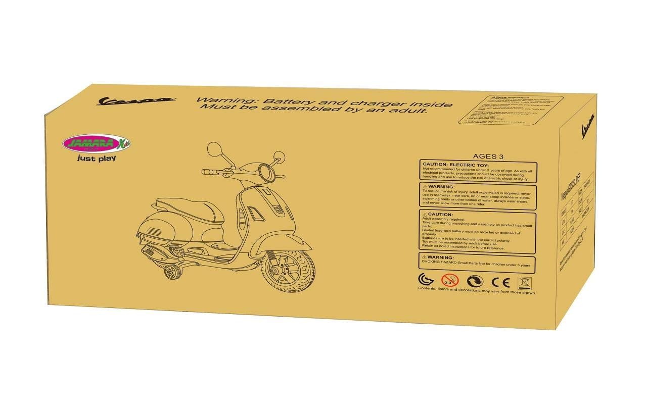 JAMARA 460349 – Ride-on Vespa pink 12 V – wydajny silnik napędowy i akumulator zapewniający długi czas jazdy, gniazdo na karty SD, złącze AUX i USB, ultra uchwyt gumowy na koło, koło podporowe, reflektor LED