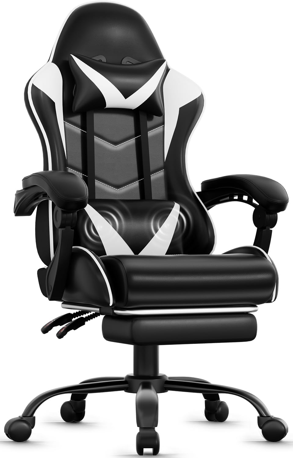 Czlolo Gaming Chair with Footrest, Lumbar Support Massager Video Game Chair with Metal Legs, High Back Reclining Gamer Chair with Headrest, 360° Swivel Office Computer Desk Chair (Air Force White)