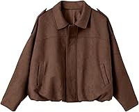 EVALESS Women's Faux Suede Bomber Jacket - Cropped Long Sleeve Zip-Up with Pockets, Trendy Spring Fall Outerwear