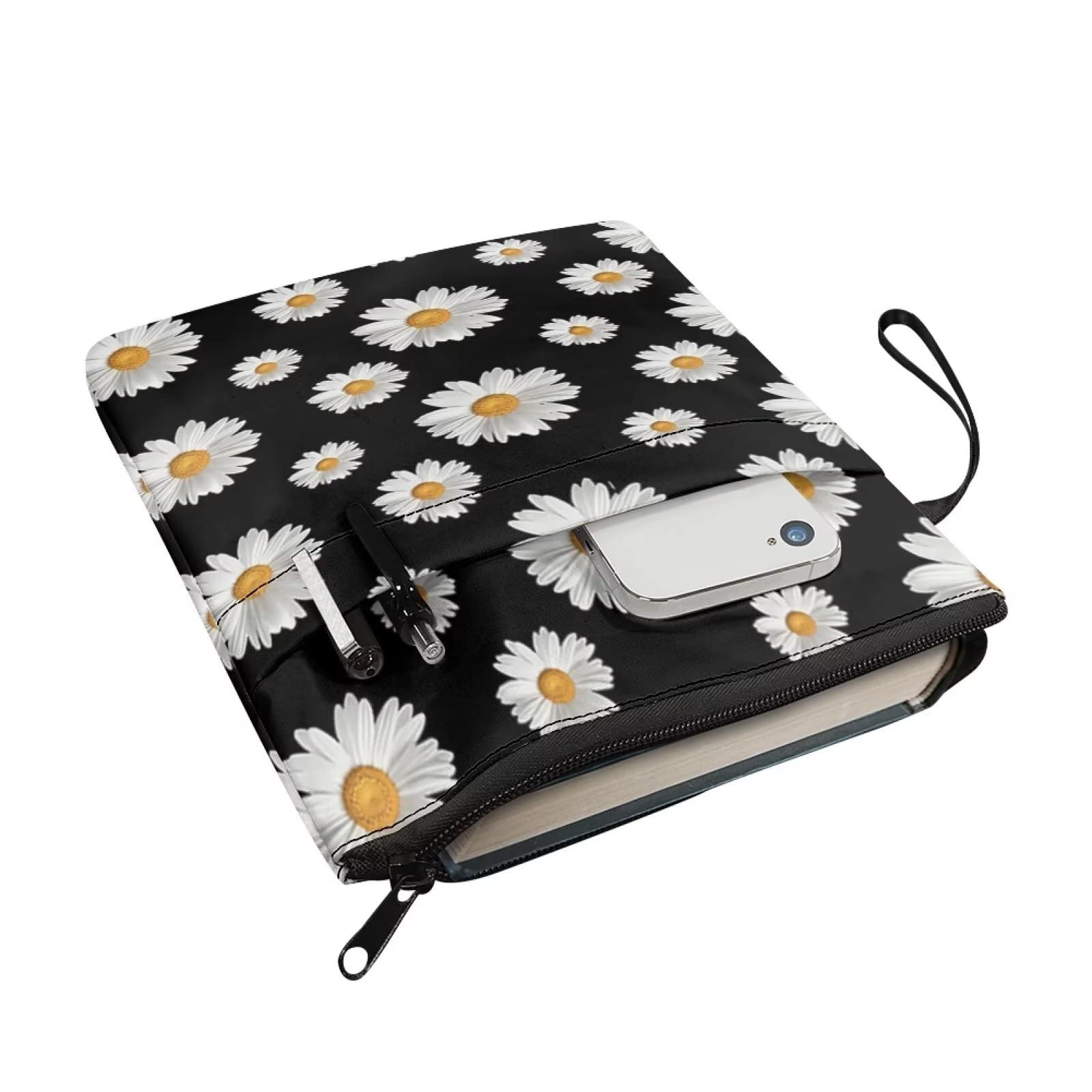 COEQINE Black Daisy Book Sleeves, Book Cover Case with Zipper for Casual Book Paperback Cover Fabric Book Cover with Front Pocket - Image 3