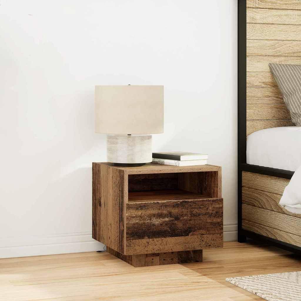 Zestaw 2 stolików nocnych, stare drewno z materiału drewnopochodnego, 40 x 39 x 37 cm, z szufladą, półką, paskiem LED i źródłem zasilania USB, do sypialni, łóżka, salonu, korytarza