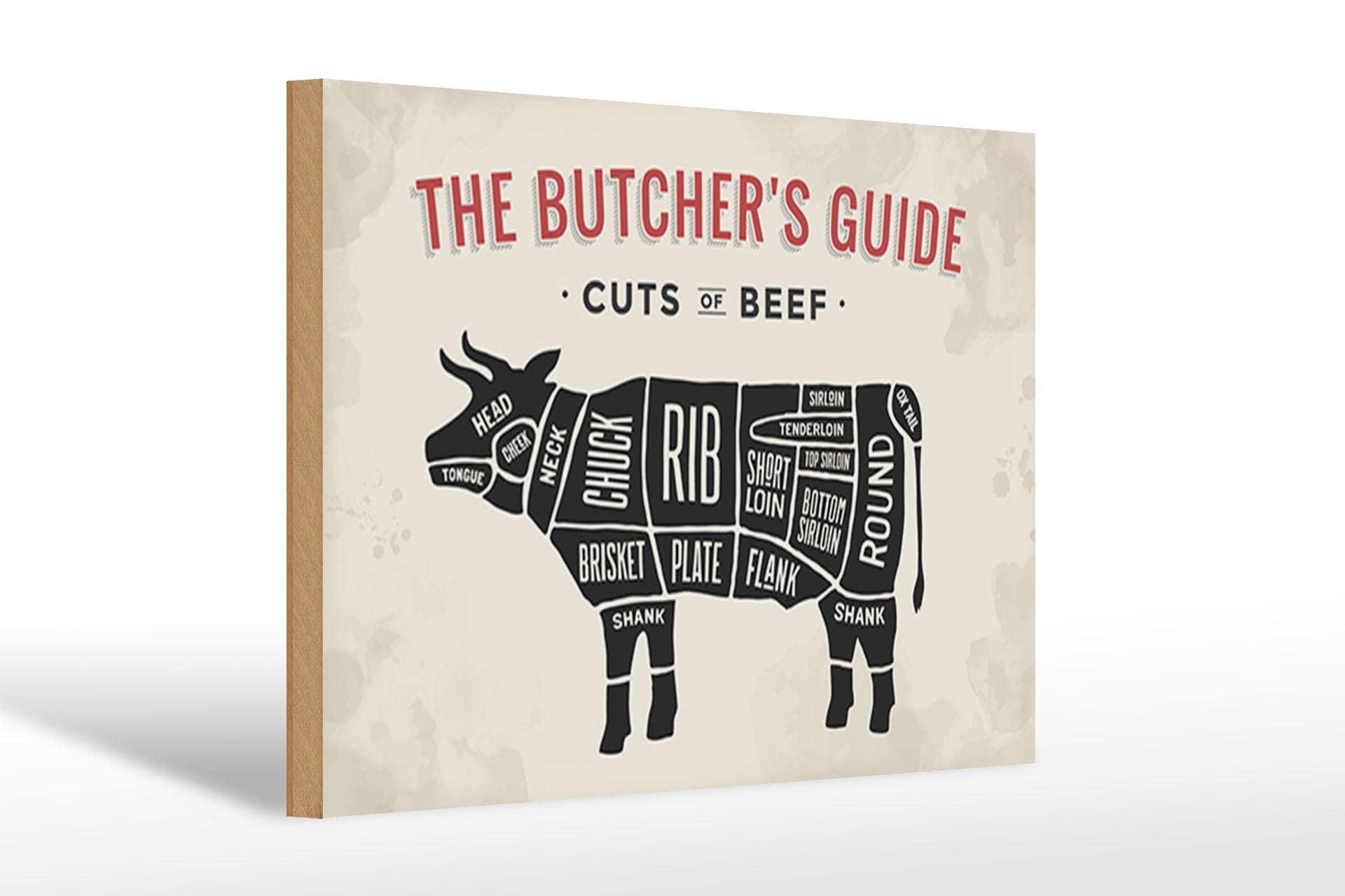 Wooden Sign 30 x 20 x 1 cm The Butcher's Cut - Cut of Beef DekoNo7, Colourful, 30L x 20W cm