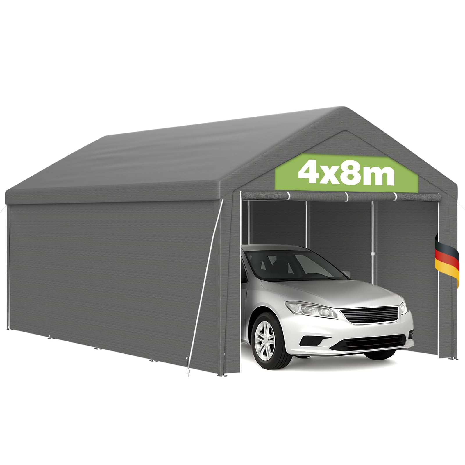 Pavillon XXL Carport 4x8m mit Stabil PE Plane, UV-beständig wasserdicht, abnehmbaren Seitenwänden, Dachverstärkung, Metallrahmen, Garagenzelt für Auto, LKW, Party, temporäre Werkstatt, Grau