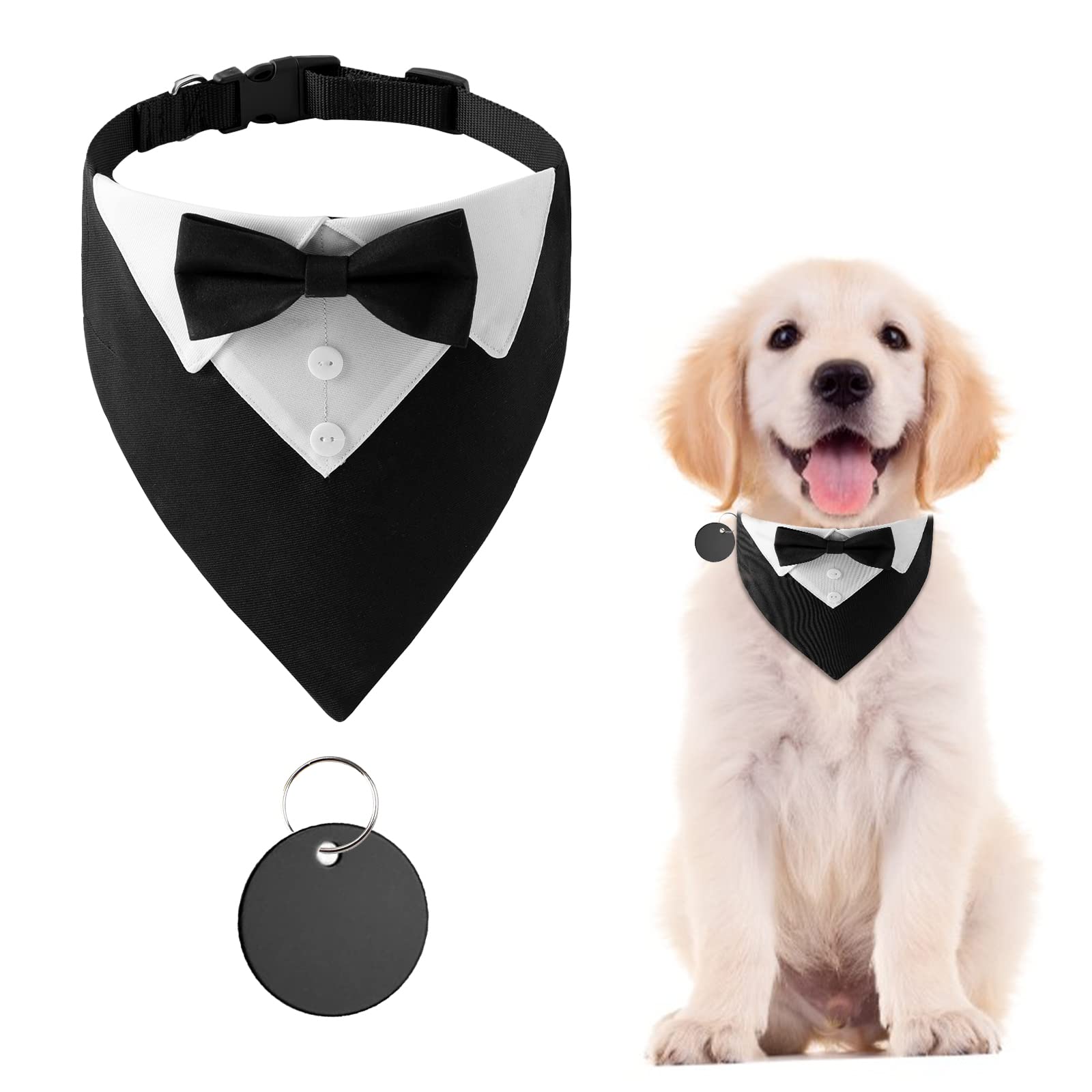 Urroma Black 1 Piece Formal Dog Tuxedo Bandana, Dog Wedding Collar With Bow Tie And Neck Tie Adjustable Pet Costume Bowtie Neckerchief For Small Dogs And Cats, M