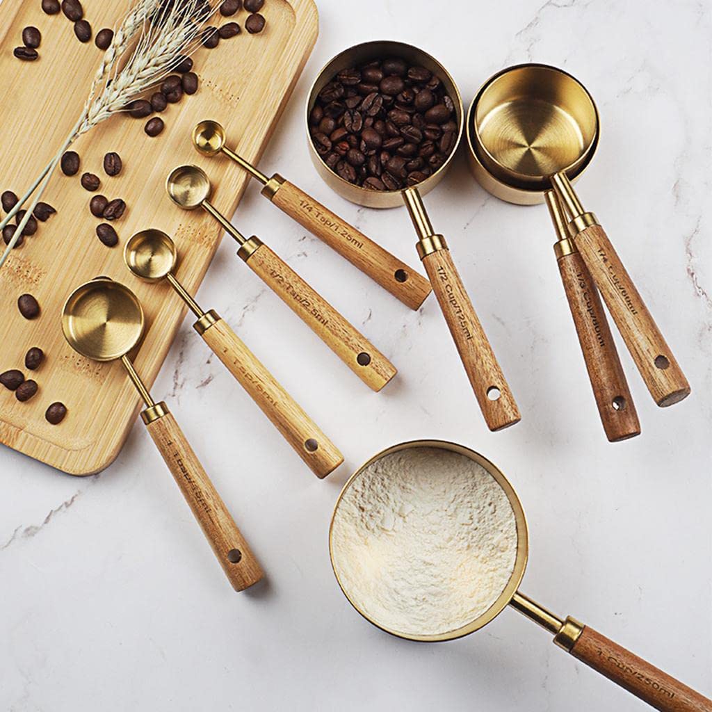 4 Stück Messbecher Edelstahl Messlöffel Set Küchenzubehör Doppel Skala Holzgriff Leicht zu Reinigen für Kochen Backen Alltäglicher Gebrauch, Messlöffelbecher