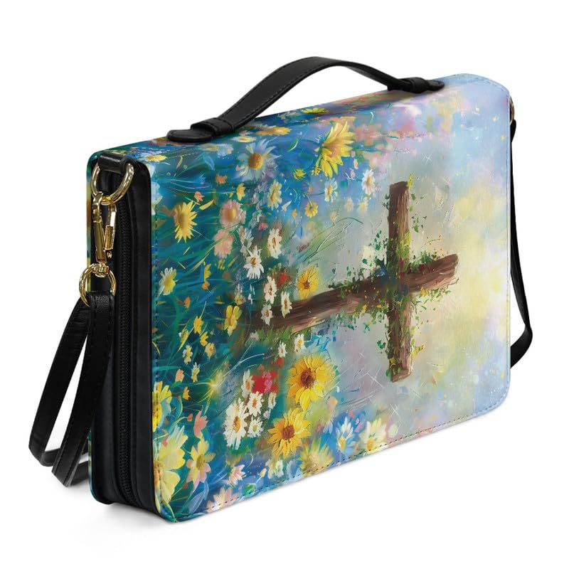 Kuiaobaty Oil Painting Sunflower Bible Cover Case for Women Church Bag, Color Flower Cross Print PU Leather Handle Bible Carrying Bag Extra Large Size — image 1