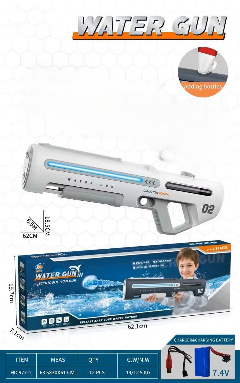 Fucile ad acqua elettrico e manuale con fascio luminoso, gittata massima 10 metri, serbatoio da 700 ml, doppio sistema di rifornimento, batteria al litio, leggero, potente e divertente.