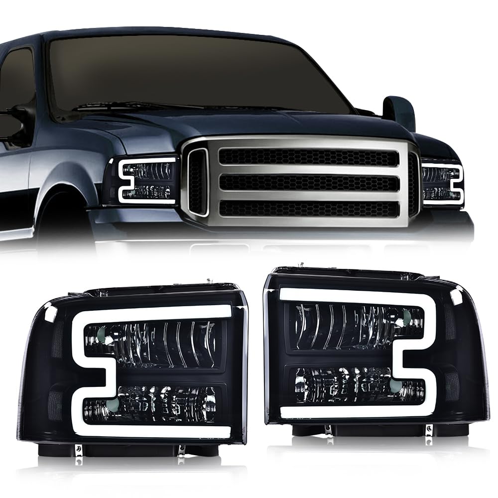 GRAND ORANGE LED DRL BAR Headlights Assembly Compatible with 2005-2007 Ford F250 F350 F450 F550 Super Duty/ 05 Ford Excursion Smoke lens Black Housing Clear Reflector