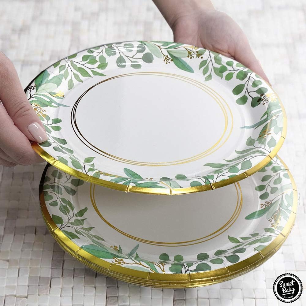 Sweet Baby Co. Sage Greenery Plates for 24 Jungle Theme Boho Party Supplies Bridal Baby Shower Napkins Boy Girl Paper Plate Napkin and Cups Safari Birthday Wedding Decorations Floral Gold Leaf Decor : Toys & Games