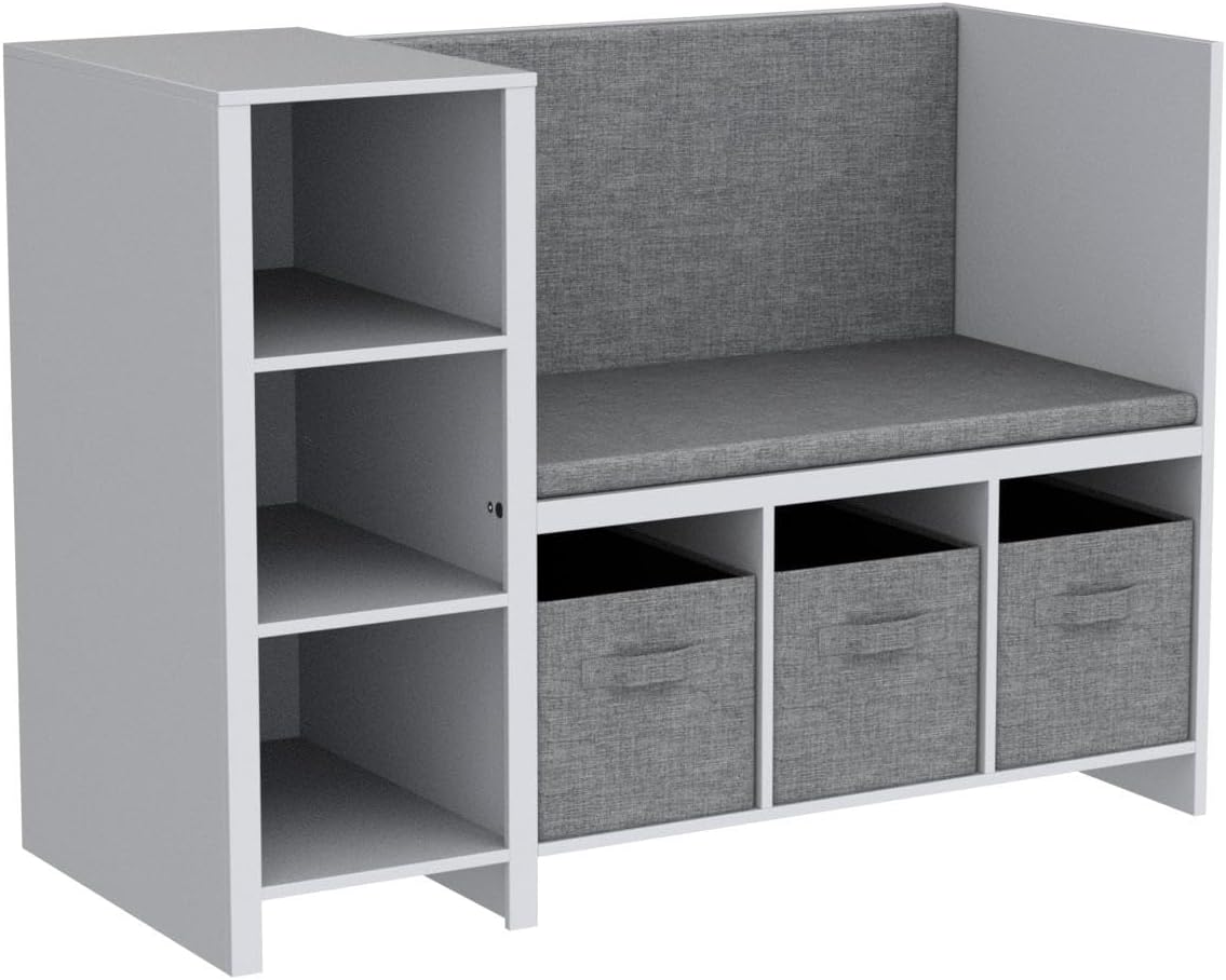 UTEX Kids Reading Nook Bench with Bookshelf, Kids Bookcase and Storage Organizer with Seat Cushion, Reading Bench with Bins for Bedroom & Entryway, White