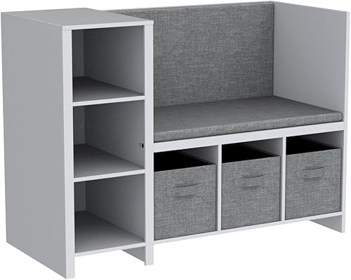 Miniatura 5 de UTEX Banco de lectura para niños con estantería, estantería para niños y organizador de almacenamiento con cojín de asiento, banco de lectura con