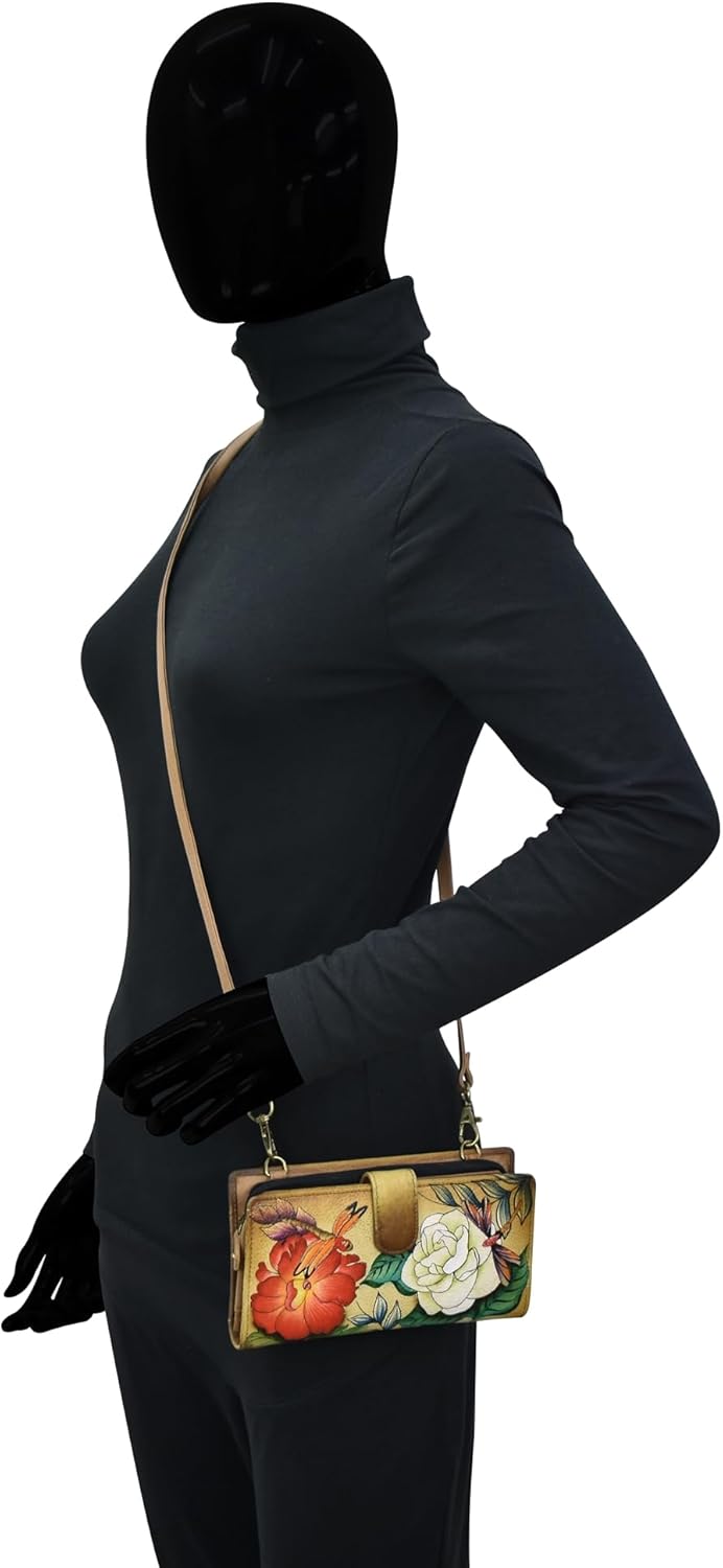 Anna by Anuschka Hand Painted Women’s Genuine Leather Bi-Fold Wallet with Strap-Magical Dragonflies Tan