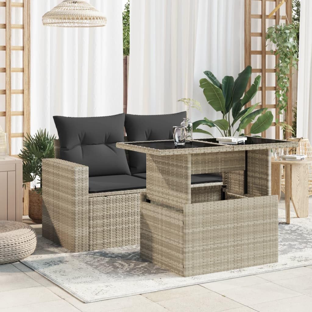 Stół ogrodowy ze szklanym blatem, jasnoszary, 100 x 55 x 73 cm, polirattan, odporny na warunki atmosferyczne, stal malowana proszkowo, stół balkonowy, na taras i do ogrodu