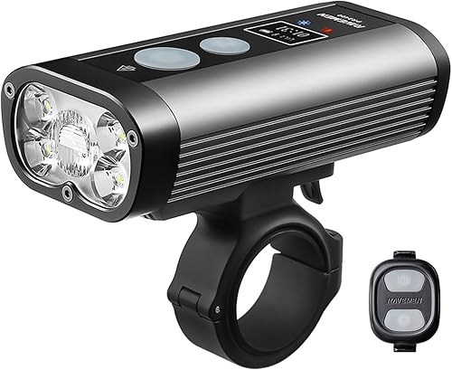 RAVEMEN PR2400 - Luz de bicicleta para ciclismo de montaña, 2400 lúmenes con pantalla de tiempo de ejecución OLED, salida USB, haz alto de largo