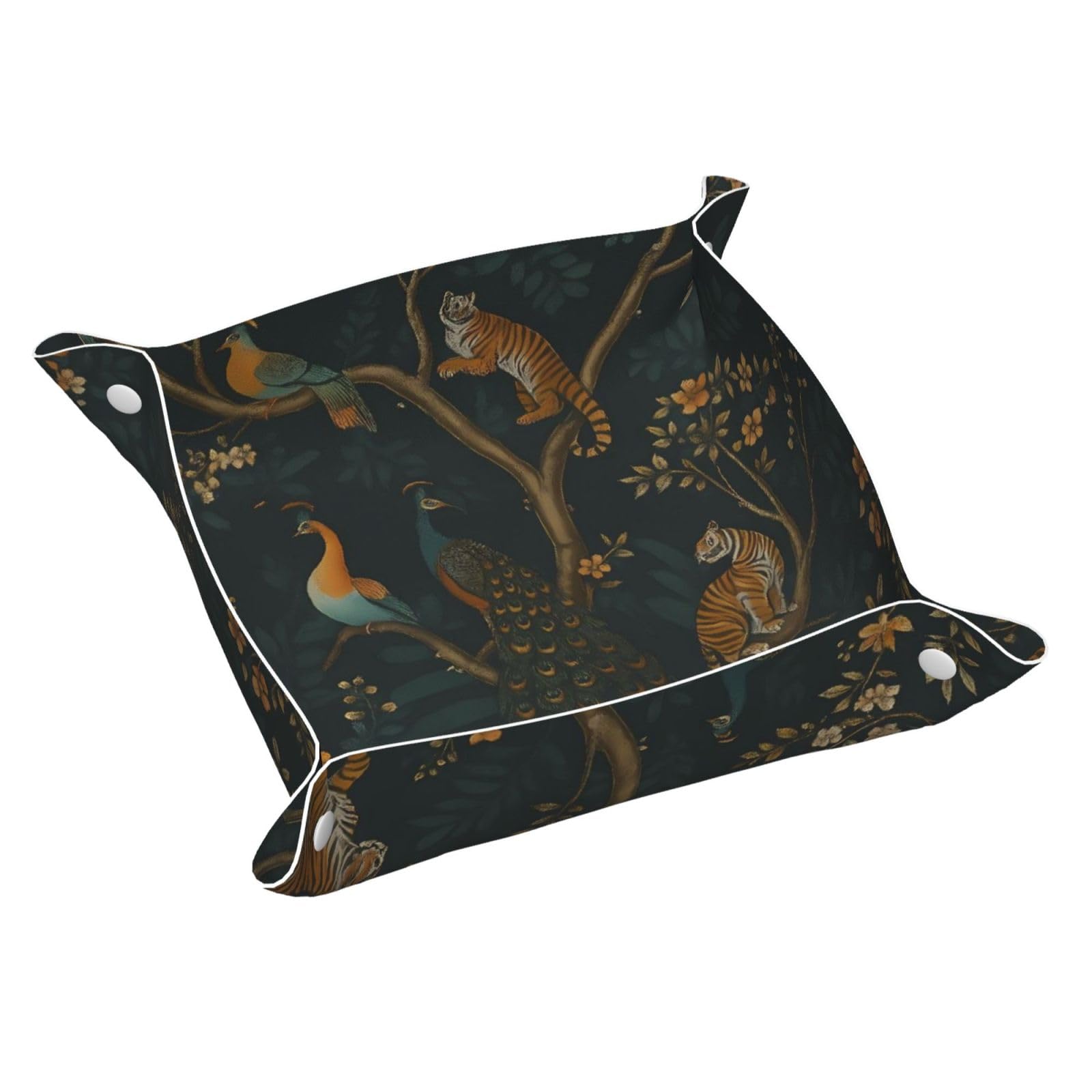 HLBSDM Peacock and Tiger on Tree Branch Tray Men's Leather Valet Parking Portable Entrance Trays Bedside Storage Box