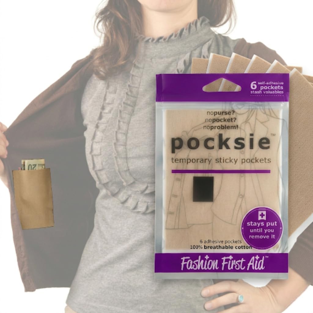 Fashion First Aid Pocksie Temporary Sticky Pockets (Black- 6 Pack) – Hands-Free Hidden Storage for Leggings, Jackets & Pocketless Clothing – Cotton Adhesive Pockets for Cards & Money (4.1” x 3.3”)