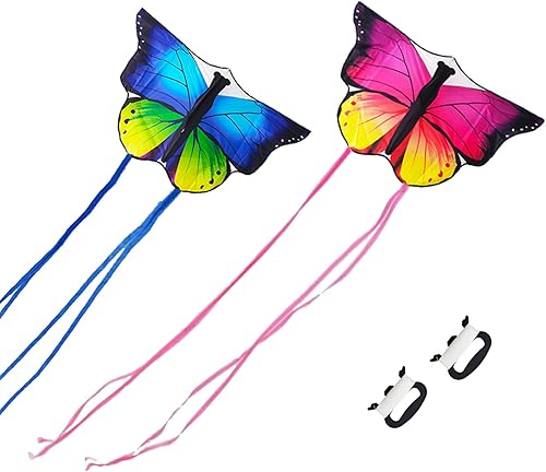 Kaidenic Paquete de 2 cometas de mariposa azul y rosa con colas largas fáciles de volar con líneas voladoras
