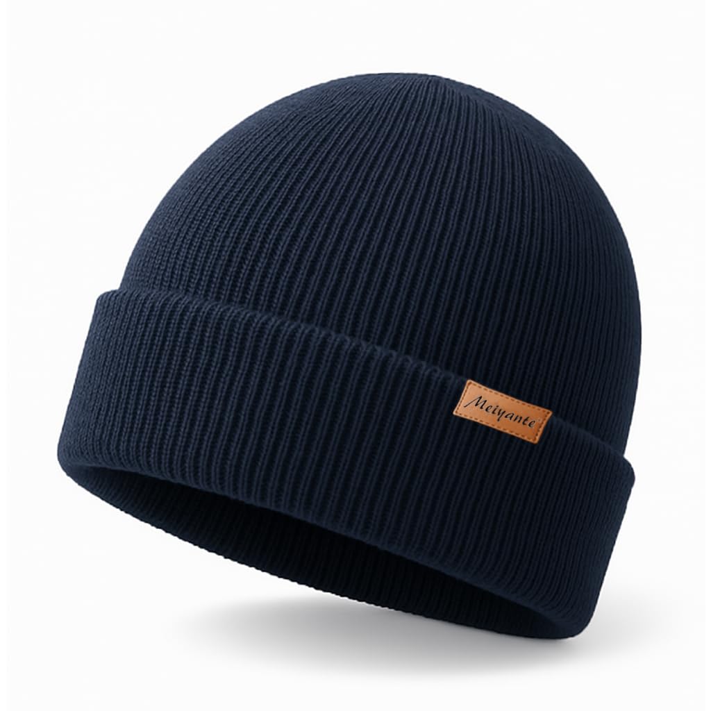 Meiyante Warm Knit Beanie for Men & Women - Soft, Stretchy Winter Hat for Cold Weather, Cuffed Stocking Cap - Dark Blue Beanie