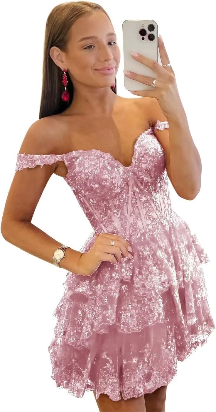 GATMAHE Lace Homecoming Dresses Short for Teens Tiered Corset Short Prom Dress for Women