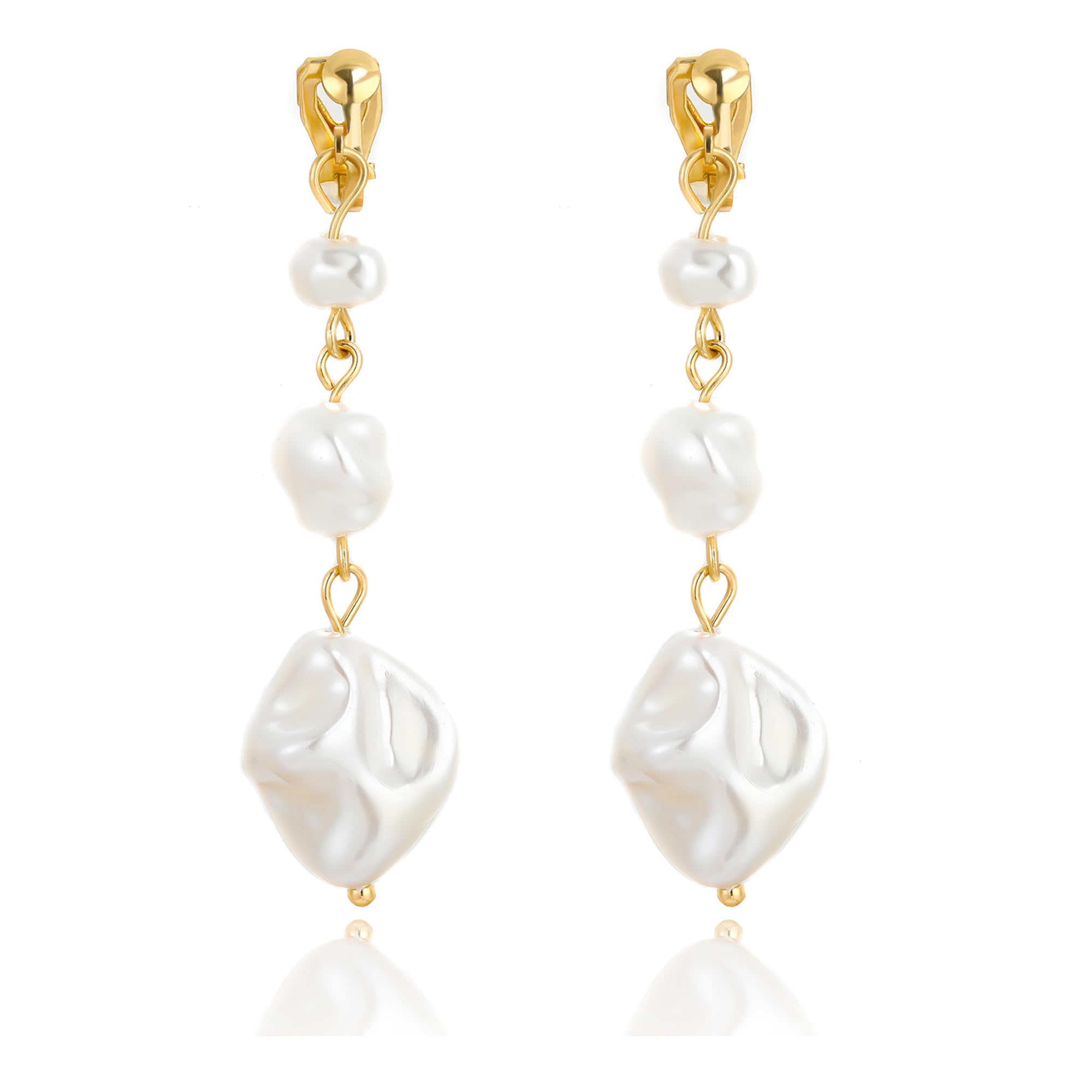 Baroque Pearl Pendant Clip Earrings Long Drop Clip-on Earrings for Women Gold Plated White Imitation Pearl Non-Pierced Earrings