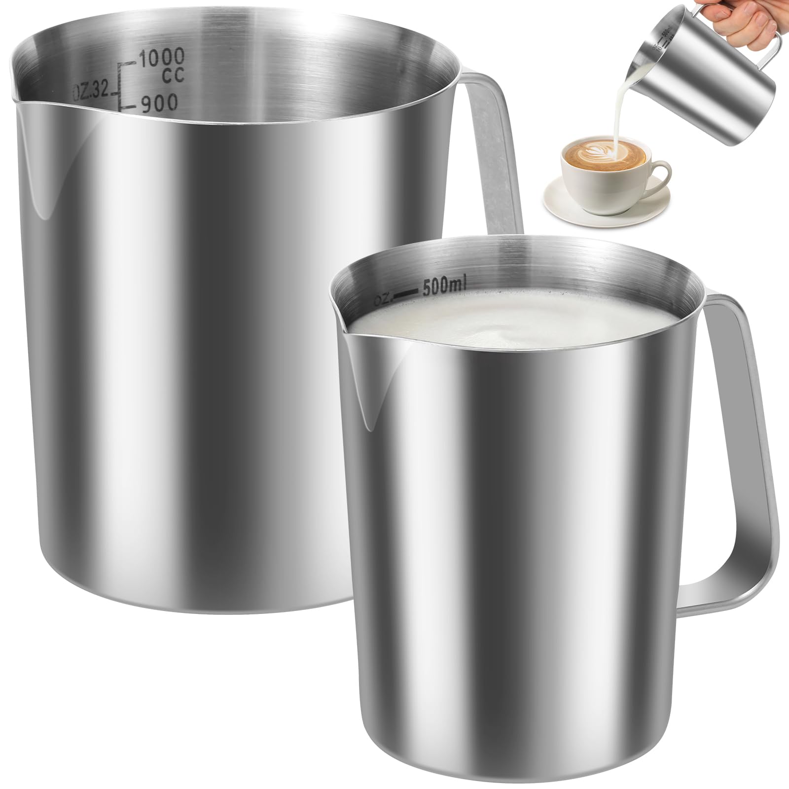 Zestaw 2 kubków z miarką ze stali nierdzewnej, 500 ml i 1000 ml, ze skalą i dzióbkiem, wytrzymałe kubki kuchenne ze stali nierdzewnej z uchwytem, do kawy, baru, restauracji i pieczenia