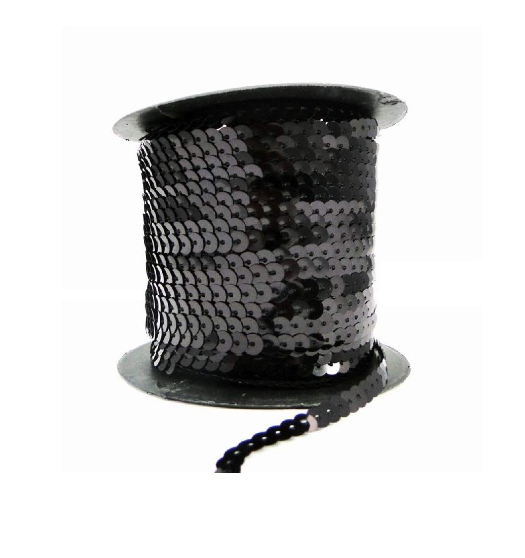 Sequin Trim Sequins Ribbon 6mm Strung Metallic Shiny Flat Sequins Paillette Spangle Sequin String for Embellishment Sewing Arts Crafts Fancy Dress Decoration (Black - 90 Meters)