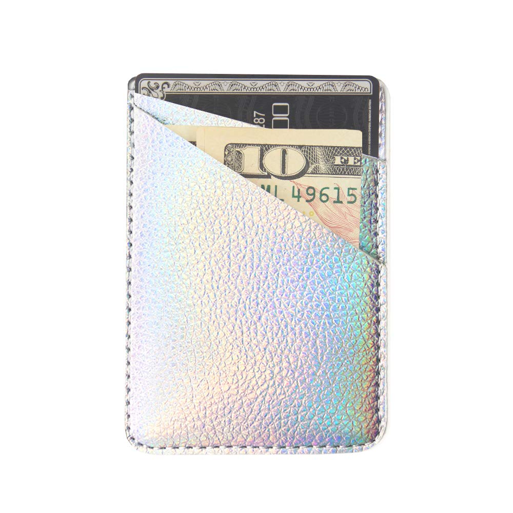 Metallic Gold PU Leather Card Holder for Back of Phone with 3M Adhesive Stick-on Credit Card Wallet Pockets for iPhone and Android Smartphones (Silver)