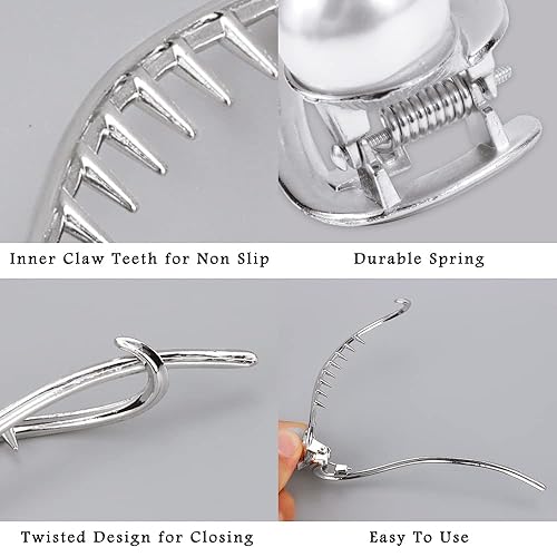 Miniatura 3 de Ahoney 4 pasadores de perlas para mujer de 4.2 pulgadas, pinzas francesas para el cabello con perlas elegantes para cabello grueso (plata + dorado)