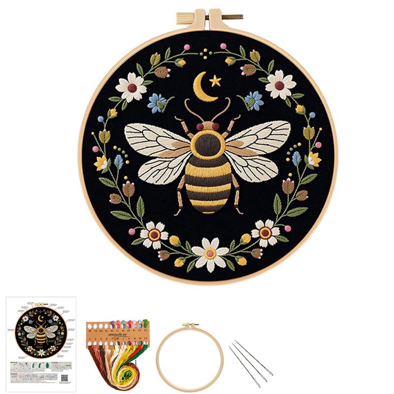 Embhlitfe Embroidery Kit, DIY Punch Needle Kit for Beginners, Complete Embroidery Starter Kits with Golden Bee Design, Punch Needle Kits for Adults Home Decoration Crafting and Relaxation