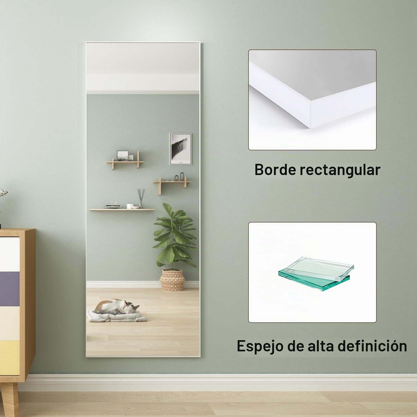 Espejo Cuerpo Entero 165x60cm,Espejos Marco Blanco, Espejo de Pie Cuerpo Entero o Espejos Grandes de Pared, Apto para Baño, Salon,Habitacion y Recibidor.