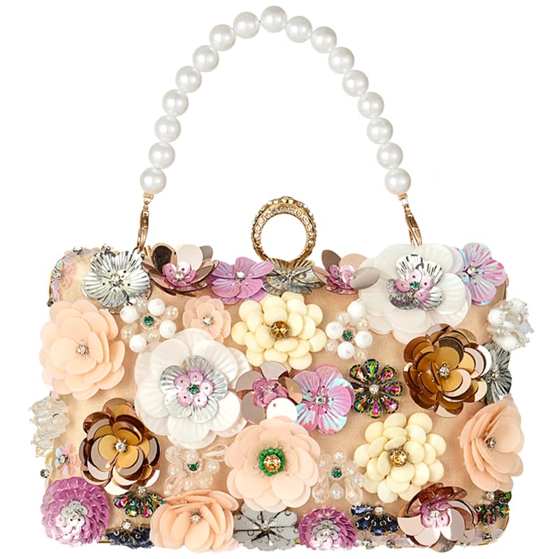 Womens Floral Evening Handbags Colorful Rhinestone Flower Clutch Purses Floral Bride Wedding Handbag Long Chain Shoulder Bag (Champ.Gold)