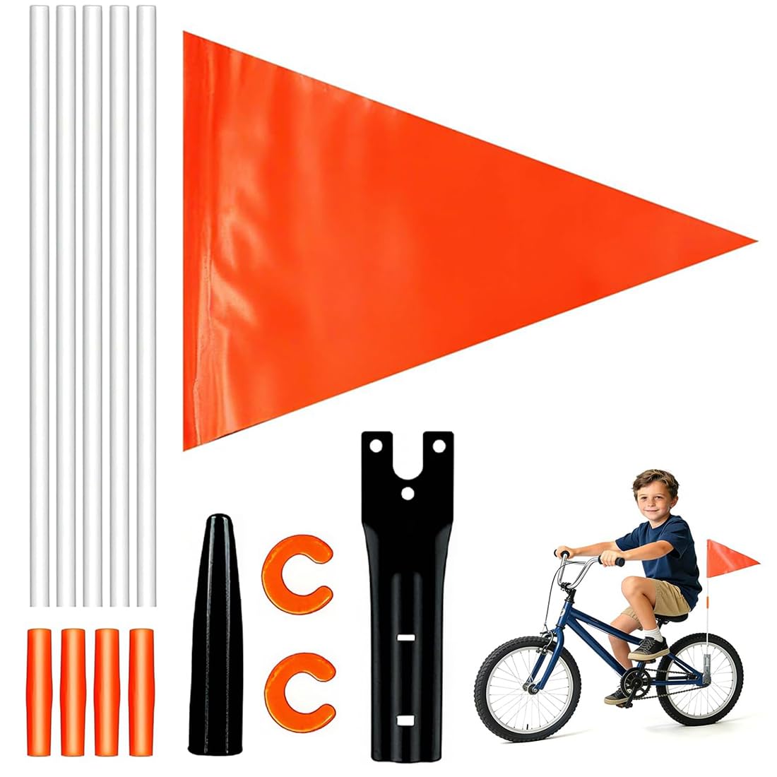 14 Pezzi Gagliardetto per Bicicletta di Sicurezza, Bandiera Regolabile con Asta a 5 Sezioni, per Bici Bambini, Kart e Rimorchi, Arancione e Bianco, 21x28 cm, Altezza Totale 150 cm