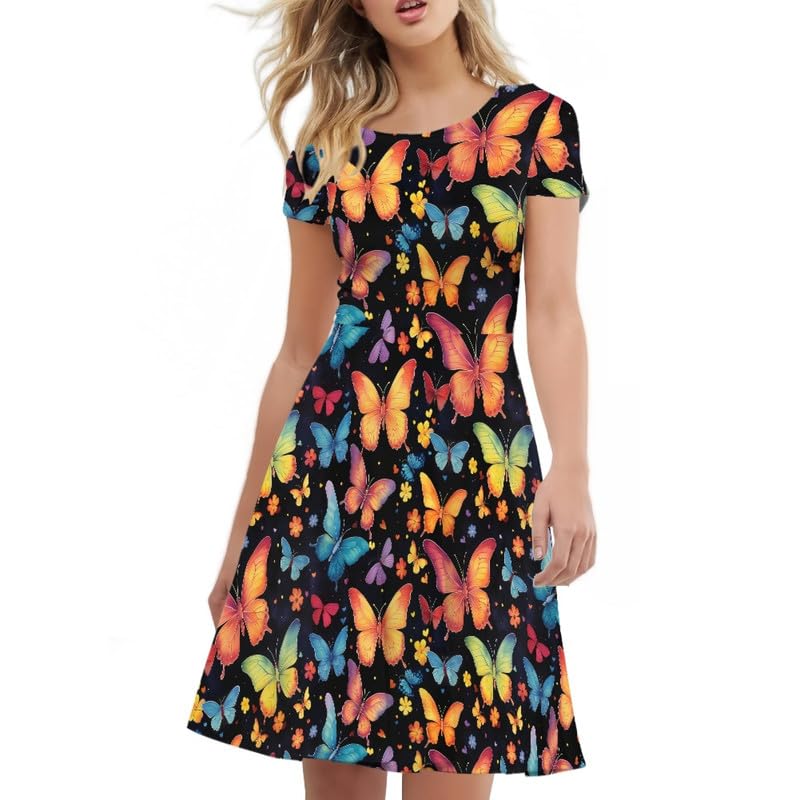 Image of Irisjudy T Shirt Dress for Women Short Sleeve Girls Short Sleeve Dress Plus Size, O Neck Knee Length Midi Dress for Ladies