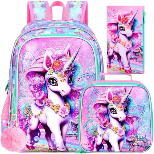 Image of HPJGD 3PCS Unicorn Backpack, Water Resistant Girls Bookbag Set with Lunch Box,Cute Kids Elementary School Bag for Preschool Toddler