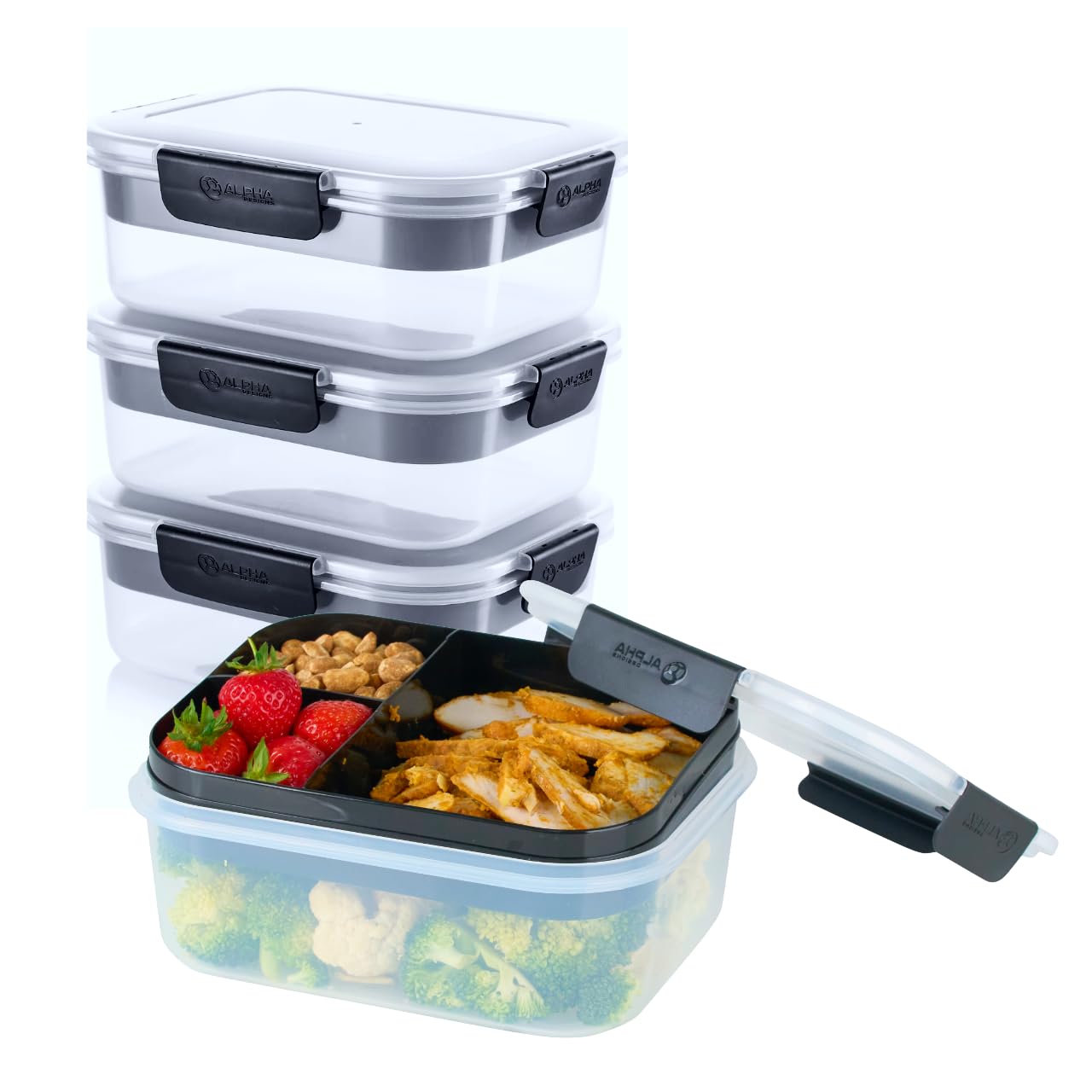 Alpha Designs Bento Lunch Box Food Containers 3 Pack with Snack Tray and Lids - Reusable Plastic Meal Prep Storage for Adults - Large (2100ml)