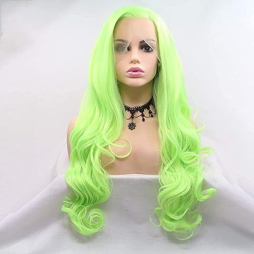 Miniatura 3 de Peluca de cabello real rizado verde neón, verde fluorescente, hecha a mano, pelucas sintéticas con encaje frontal para mujeres, peluca de cuerpo