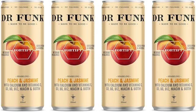 Dr. Funk Peach & Jasmine Sparkling Flavoured Water with No Sugar & No Calories, Natural Fruit Flavoured Mineral Water with Vitamins B12, B6, D3, C & Calcium, Suitable for Vegetarians, Pack of 4 Cans