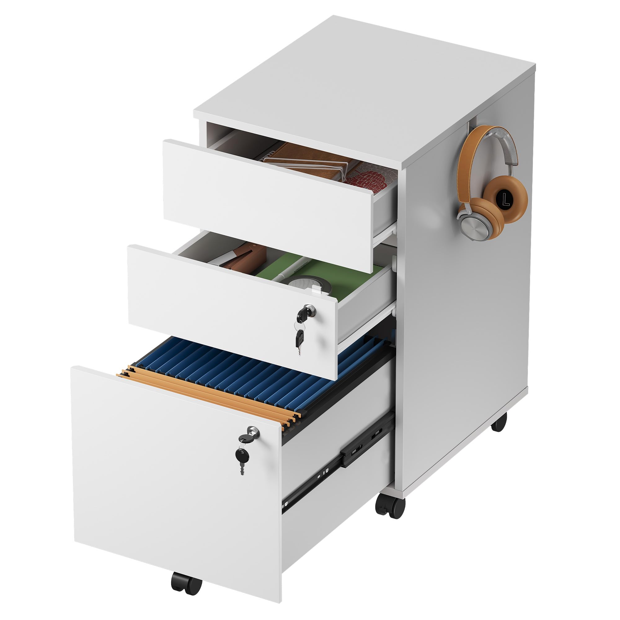 3 Drawer Mobile File Cabinet with Lock, White Wood Rolling Filing Cabinet for Under Desk, Fits Letter/Legal/A4 Size for Home Office