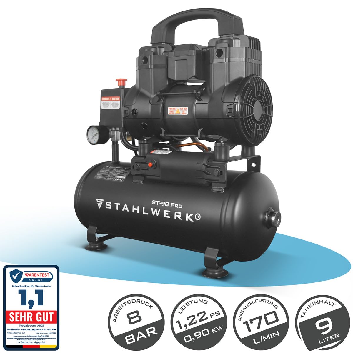 STAHLWERK Kompressor mit 9 L Tank (ST-98 Pro) – ölfrei & leise, 8 bar, 1,22 PS (0,9 kW), 170 l/min, 65 dB, Druckluftkompressor mit Brushless-Motoren, Silent-/Flüsterkompressor, Kolbenkompressor