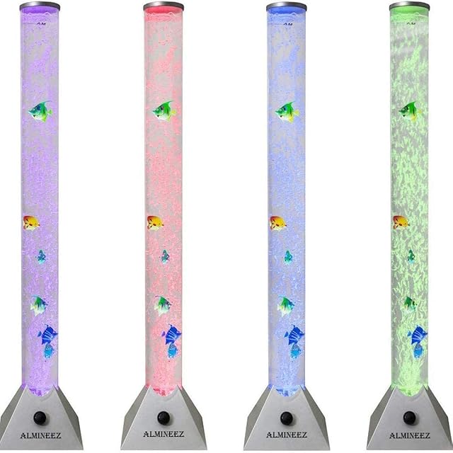 Almineez Colour Changing LED Sensory Mood Light Novelty Bubble Fish Lamp  Bubbles Water Tube Aquarium  Kids Bedroom Home Office Decoration Lamp  with Artificial Tropical Fish - 90cm - Xmas Gift