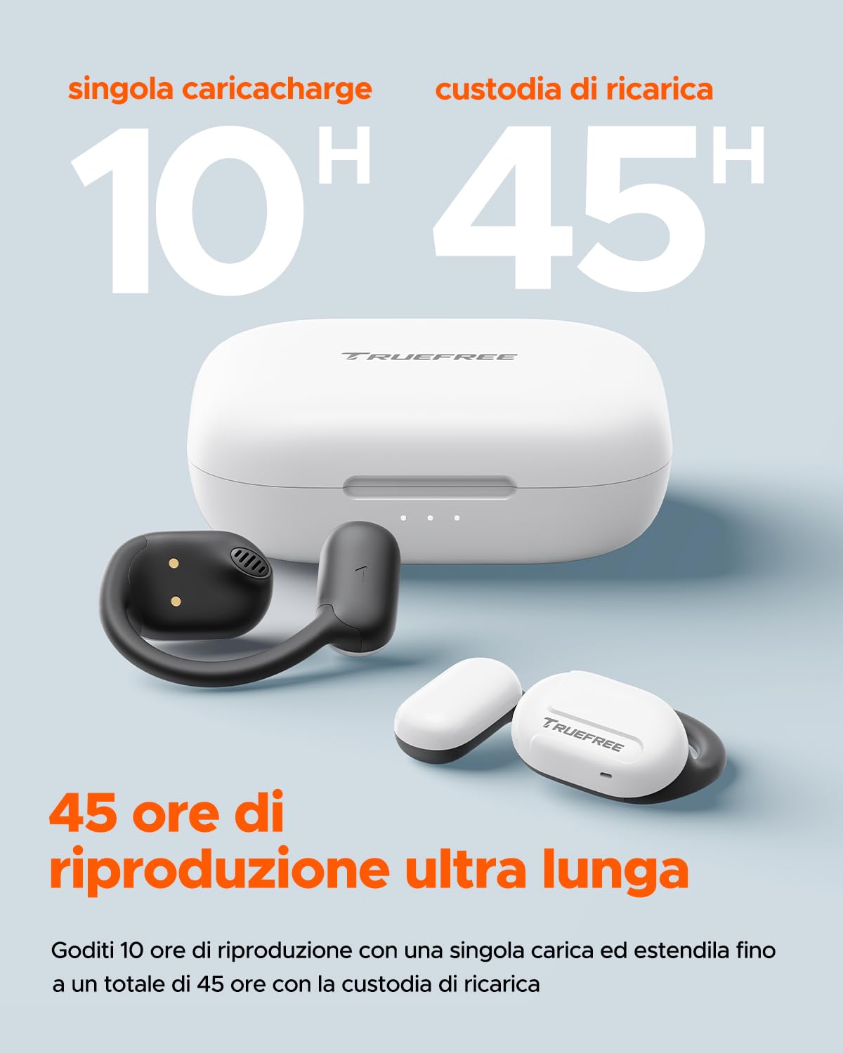 truefree O1 Cuffie auricolari aperte Bluetooth 5.3 wireless con driver da 16,2 mm, suono stereo coinvolgente, microfono a cancellazione di rumore per chiamate chiare, autonomia di 45 ore, per lo sport