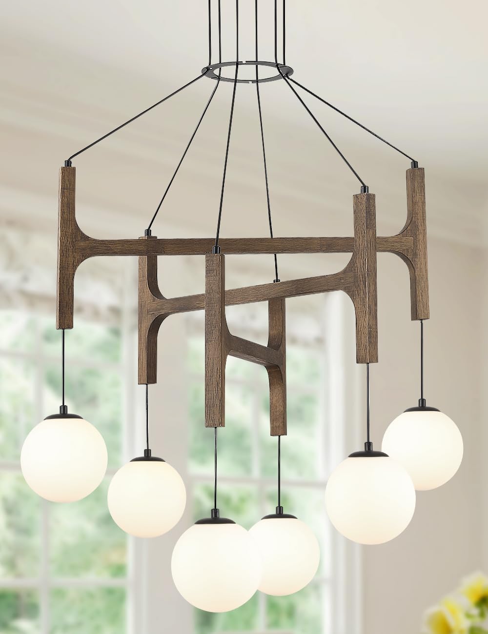 Photo 1 of Vintage Milk Glass Pendant Light, Mid Century Wood Chandelier with Rustic Farmhouse Design, 4-Light Hanging Fixture for Kitchen Island, Dining Room, Bedroom Stairwell